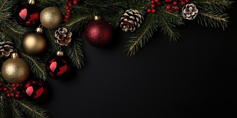 Poster - A decorative branch of a Christmas tree adorned with New Year's ornaments and a garland against a black background. Christmas and New Year theme. Flat lay, top view, broad composition. Copy space.