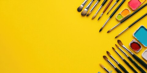 Aufkleber - Flat lay of art accessories on a yellow background with empty space for text. Top view. Copy space.