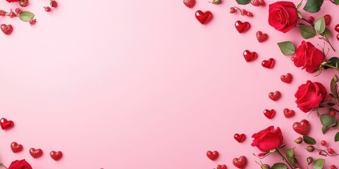 Aufkleber - Valentine's Day background greeting card featuring love symbols, red decorations, and roses on a pink backdrop. Top view with copy space and text. Flat lay.