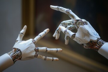 Two robotic hands reaching towards each other in a gesture of connection or interaction.