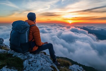 Man hiker sitting on top of a mountain with a backpack, looking at the sunset with sky and clouds background landscape 