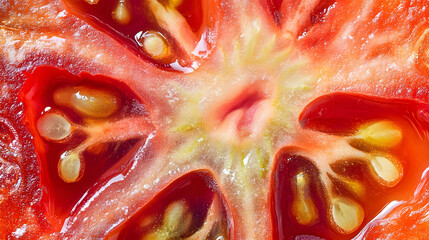 Vibrant close-up of a tomato slice showcasing symmetrical patterns, bright colors enhancing the mural's lively appeal.