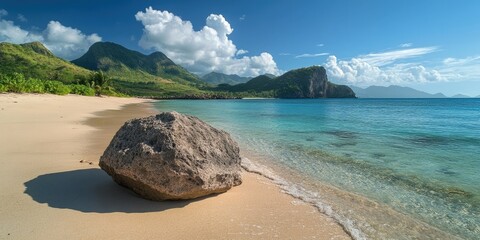 Poster - A large rock embedded in the sand, on a small beach, next to a large body of water.