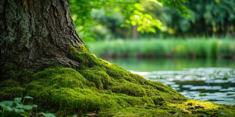 Aufkleber - Close-up view of a tree trunk completely covered in vibrant moss near the pond with ample copy space.