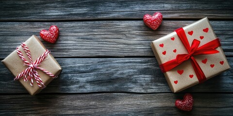Poster - Valentine's Day gift boxes background, a frame for holiday greeting cards, old wooden table flat lay, top view, copy space banner.