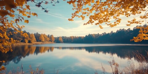 Poster - Autumn scenery featuring a reservoir amidst golden foliage. Natural backdrop with copyspace for text or lettering.