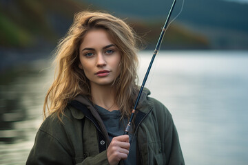 Created with generative ai photo of beautiful woman on fishing trip in river