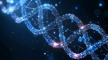 Wall Mural - abstract representation of a dna double helix with a glowing blue and white network of particles