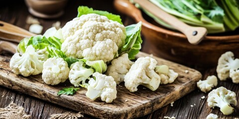 Canvas Print - Freshly cut cauliflower for cooking on a rustic wooden backdrop.