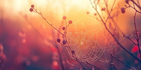 Aufkleber - Autumn abstract background featuring a dry plant at sunrise with a spiderweb, in a vintage retro style.