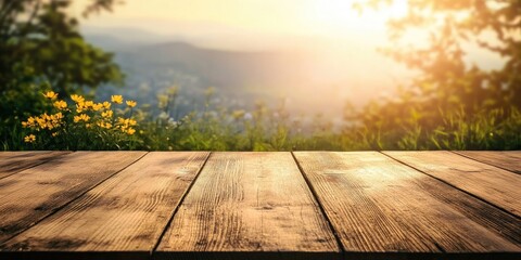 Poster - An empty wooden countertop set against a hazy natural backdrop. Spring and summer scene. Bokeh effect. A bright day. Copyspace.