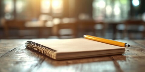 Aufkleber - school notebook on a wooden surface, spiral notepad on a table