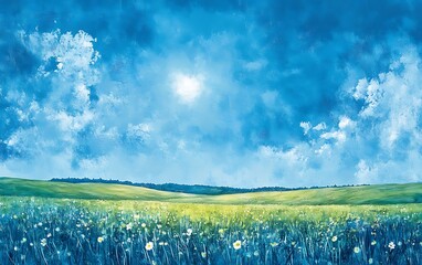 Aufkleber - A serene landscape featuring a vibrant field under a bright blue sky with fluffy clouds, invoking feelings of peace and tranquility.