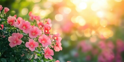 Aufkleber - Selective focus image of lovely flowers against a blurred backdrop. Close-up, backlit. Suitable for wallpaper, postcard, poster design, banner, copy space.