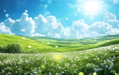 Aufkleber - A vibrant landscape featuring lush green hills, colorful flowers, and a bright blue sky with fluffy clouds and sunlight shining down.