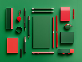 A flat lay of stationery items like pens, paper, and notepads in green and red tones on an green background, minimalist style, clean composition, mockup