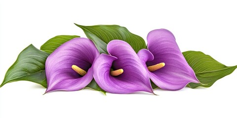 Aufkleber - Beautiful violet Calla flowers with green leaves isolated on a white background.