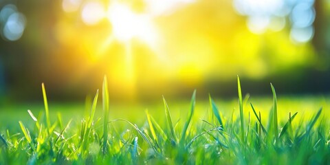 Poster - Fresh grass in sunlight with a blurred sky.