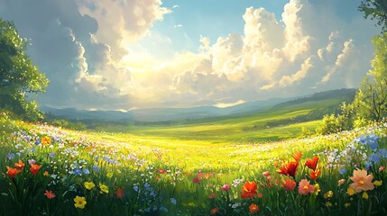 Aufkleber - A vibrant landscape of lush grass and colorful flowers under a bright sky with fluffy clouds, evoking a serene and picturesque natural scene.