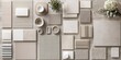 © HN Works - Classic flat lay arrangement featuring a beige and gray color scheme with textile and paint samples, panels, and tiles. Architect and interior designer mood board. Top view. Copy space.