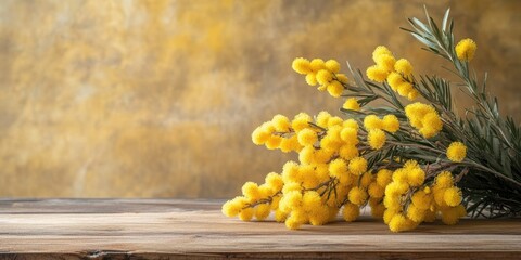 Aufkleber - Yellow French mimosa with catkins on a wooden table featuring copy space.