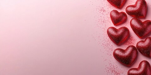 Aufkleber - Handmade red hearts are set against a pink background. This is a Valentine's Day preparation with space for text. Copyspace.