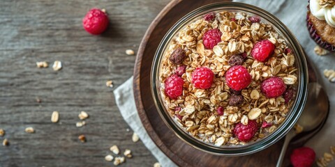 Aufkleber - Delicious muesli in a glass jar on a bowl placed on a wooden table, flat lay, nutritious breakfast, healthy start to the day, breakfast paired with a cupcake.