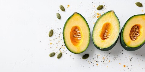 Poster - sliced green pumpkin on a white background with seeds and food styling, copyspace