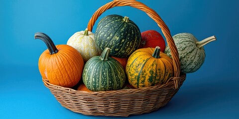 Poster - Creative fall food concept featuring vegetables. A basket contains various types of pumpkins set against a blue background. Pumpkins on a blue backdrop. Autumn vegetables.
