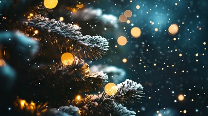 Poster - magical christmas and new year winter night scene with snow-covered trees, sparkling lights, and a c