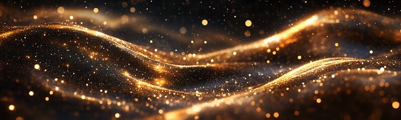 Poster - A mesmerizing golden wave of light and shimmering particles against a dark background, creating a sense of motion and depth.