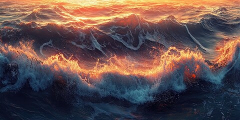 Poster - Sea waves illuminated beautifully by the warm light of the setting sun.