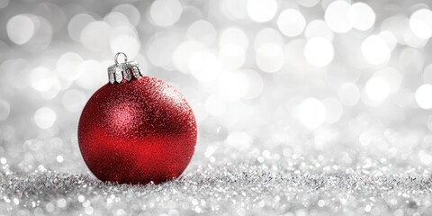 Aufkleber - Christmas red ball decoration with a blurred festive silver background