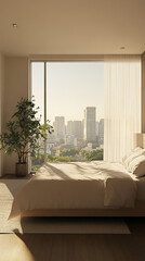 Canvas Print - Modern Minimalist Bedroom with Urban Backdrop and Neutral Tones  