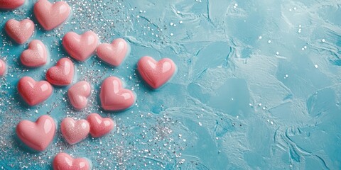 Aufkleber - Valentine's Day pattern background flat lay with pink hearts on a sparkling classic blue backdrop featuring copy space. Romantic concept for love and weddings, minimal top view.