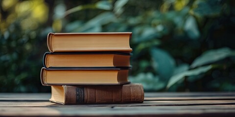 Aufkleber - Arrangement of hardback books with fanned pages on a wooden deck table in the background. Stacked books. Back to school. Copy Space. Educational background.