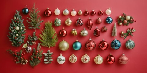 Leinwandbilder - Christmas arrangement of tree ornaments on a red background.