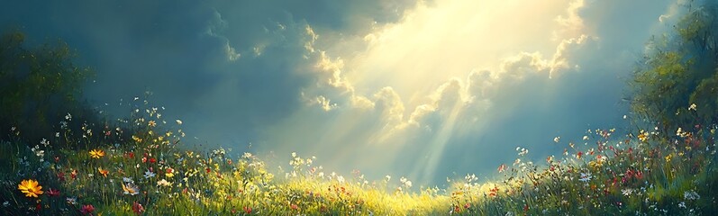 Aufkleber - A serene landscape featuring a sunlit field adorned with colorful flowers, under a beautifully lit sky with soft clouds.