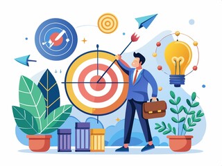 Wall Mural - Businessman with target and arrows. Successful business concept. Vector illustration in flat style
Marketing strategy concept. Vector illustration in flat design. Businessman with arrow and target.
