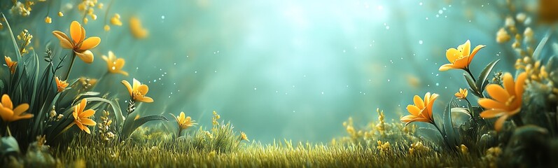 Poster - Lush green meadow filled with vibrant yellow flowers beneath soft sunlight, creating a serene and enchanting atmosphere.