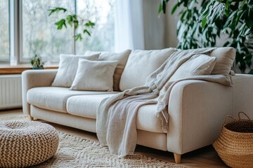 Stylish Scandinavian Lounge. A well-lit Scandinavian-style living room featuring sleek furniture and organic design elements. Ideal for modern lifestyle or home décor, Generative AI