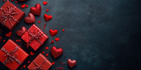 Aufkleber - Top view of a vibrant Valentine background featuring gift boxes and red fabric hearts. Valentine's Day theme with copyspace.