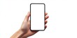 © HN Works - Hand holding a mobile smartphone with a blank screen. Isolated on a white background.
