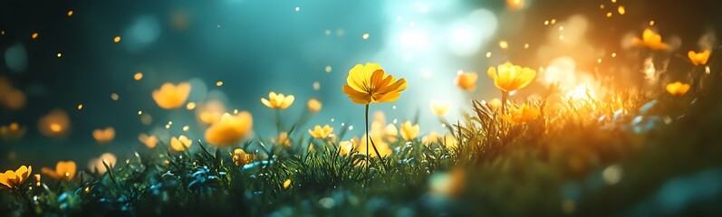 Aufkleber - A serene landscape featuring vibrant orange flowers gleaming under soft sunlight, surrounded by lush green grass, creating a tranquil atmosphere.