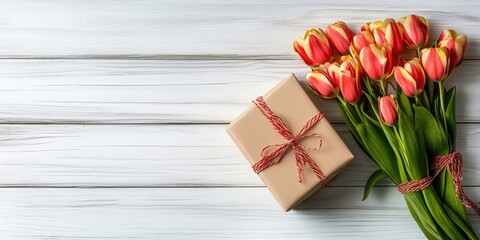 Poster - Greeting card mockup featuring a gift box and a bouquet of tulip flowers on a white wooden surface, top view, copy space.
