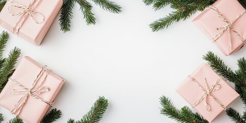 Poster - Christmas flat lay featuring holiday gifts in pink packaging boxes alongside fir branches on a white background with copyspace, top view.