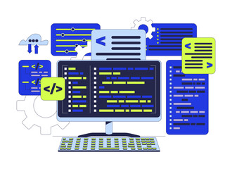Wall Mural - programming computing 2d cartoon object. backend program coding. computer keyboard with syntax codes