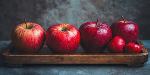 Poster - Red delicious apples and gala juicy apples on a wooden tray, healthy fruits for a good life.