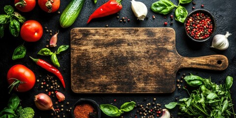 Poster - An empty wooden cutting board, fresh vegetables, and spices are arranged on a dark rustic background. Culinary backdrop. Top view, flat lay, copyspace.