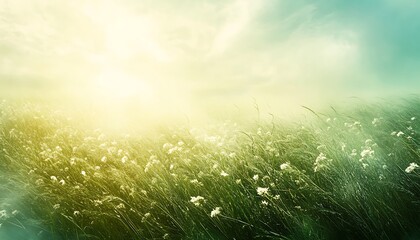 Poster - A serene landscape featuring a sunlit field with lush greenery swaying gently, embodying tranquility and natural beauty.